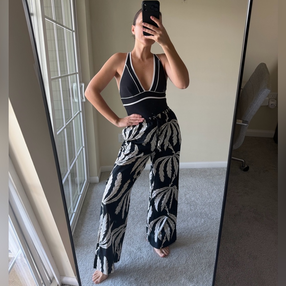 H&M Black Palm Print Wide Leg Pants Small Cotton Drawstring Semi Sheer Resort - Picture 13 of 13